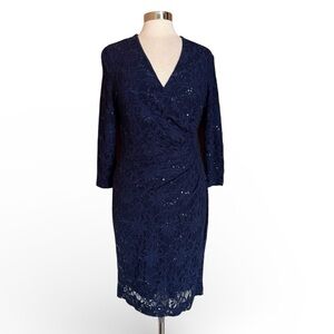 Lauren Ralph Lauren 10P Navy Lace Sequin Wrap Dress Petite Cocktail Wedding